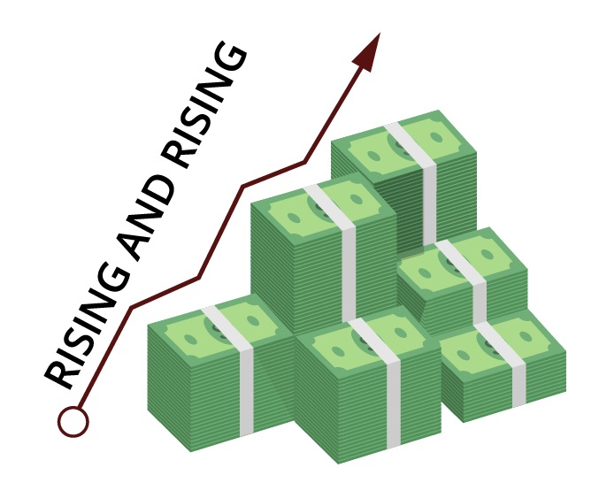 clip art of stacks of money piled up with a arrow pointing upwards to show sales increasing